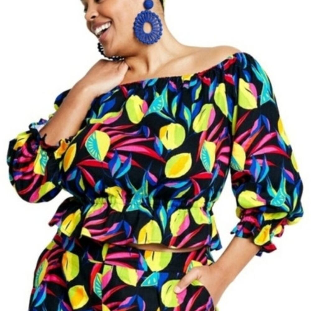 Tabitha Brown Lemon Fruit Print Bardot Top M Linen Blend Tropical Resort NWT